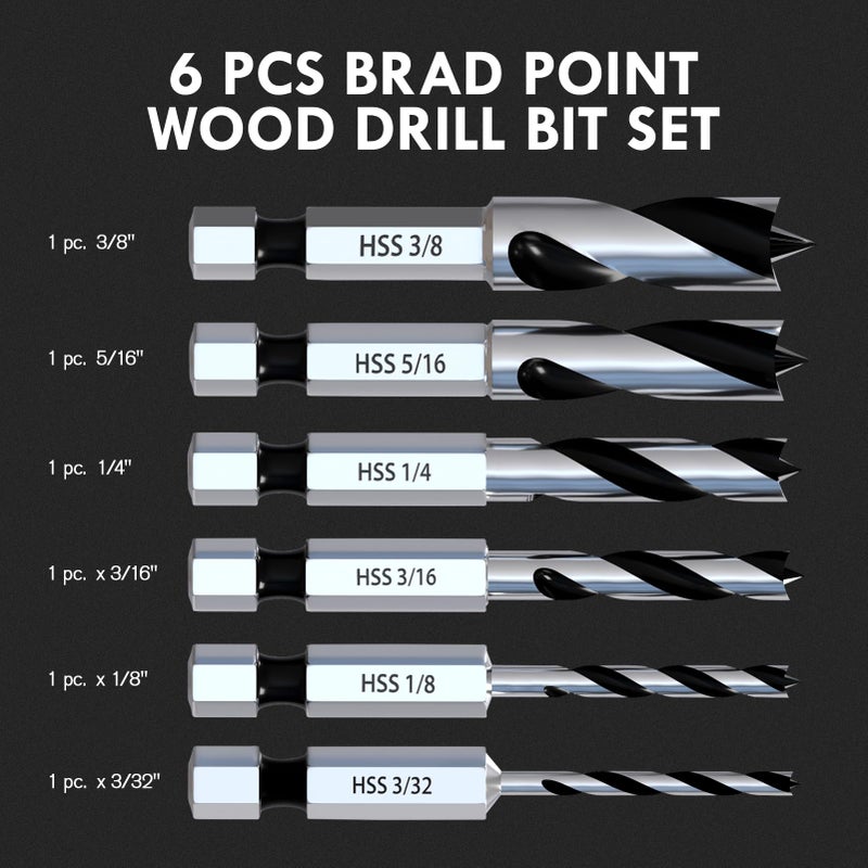 MACXCOIP Stubby Brad Point Wood Drill Bit Set, 6pcs Hex Shank Short Length Drill Bit Set with Double Flutes Design for Carpenter Woodworking and All Types of Wood (3/32" - 3/8") - Image 5