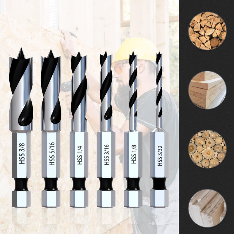 MACXCOIP Stubby Brad Point Wood Drill Bit Set, 6pcs Hex Shank Short Length Drill Bit Set with Double Flutes Design for Carpenter Woodworking and All Types of Wood (3/32" - 3/8") - Image 4