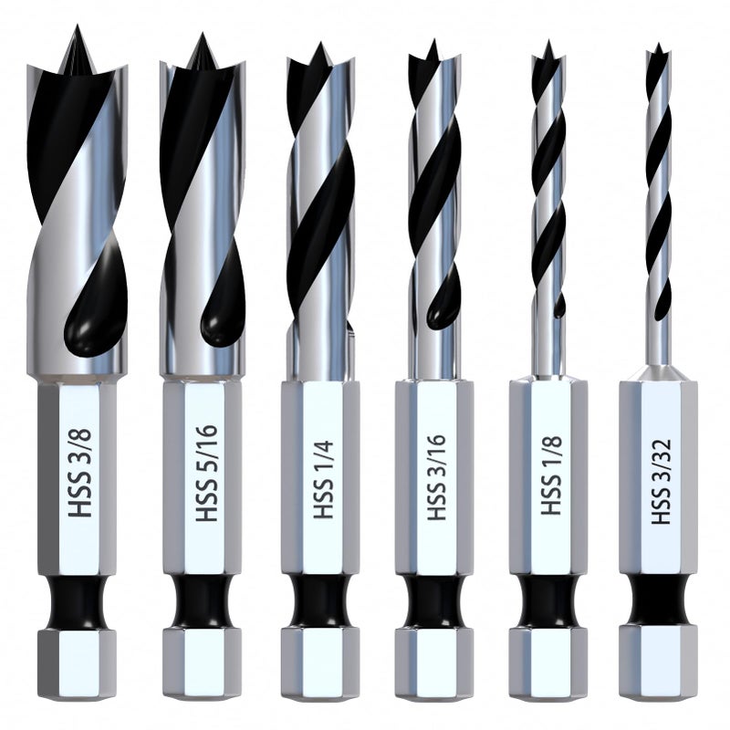 MACXCOIP Stubby Brad Point Wood Drill Bit Set, 6pcs Hex Shank Short Length Drill Bit Set with Double Flutes Design for Carpenter Woodworking and All Types of Wood (3/32" - 3/8") - Image 1