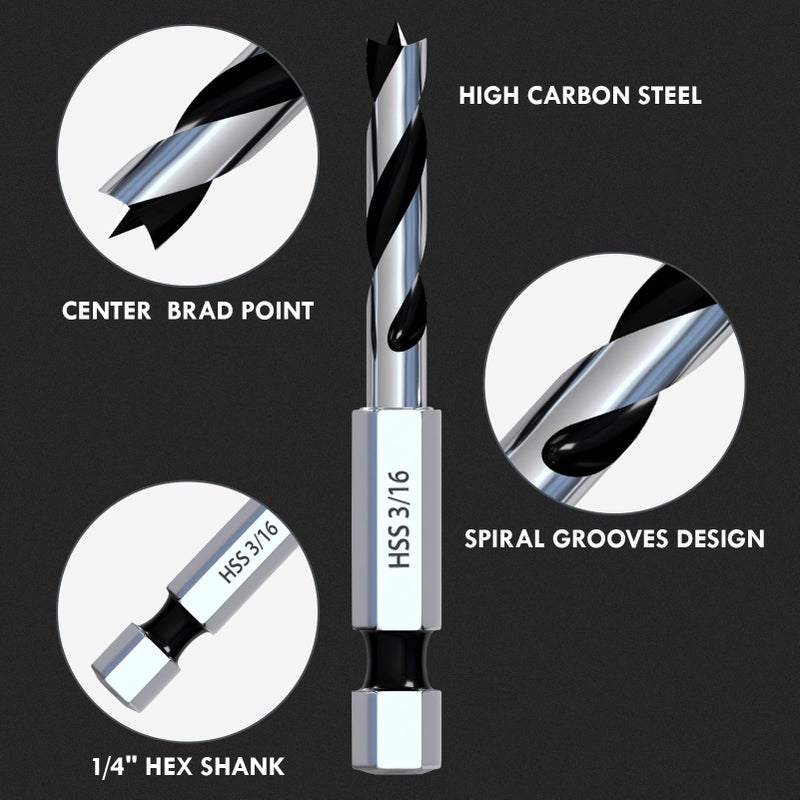 MACXCOIP Stubby Brad Point Wood Drill Bit Set, 6pcs Hex Shank Short Length Drill Bit Set with Double Flutes Design for Carpenter Woodworking and All Types of Wood (3/32" - 3/8") - Image 2