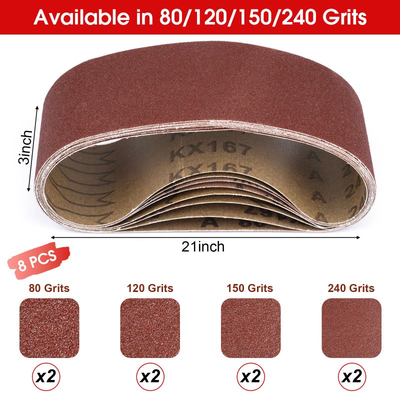 Okxiri Belt Sander Sanding Belts, 8 Pcs Belt Sander Paper (2 Each of 80 120 150 240 Grits), Aluminum Oxide for Woodworking Polishing (3 x 21 inch) - Image 2