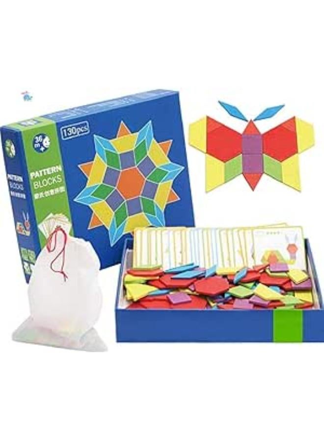 Wooden Blocks Set 130 Pieces Colorful Geometry Puzzle -  Brain Teaser Educational Toys Gift for Kids with 24 Design Cards