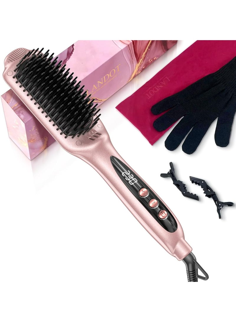 LANDOT Hair Straightener Brush Heated Straightening Brush: Rose Gold Negative Ion Hot Hair Brush for Smooth Frizz Free Hair - Ceramic Flat Iron Brush - Dual Voltage Fast Heating - Image 1