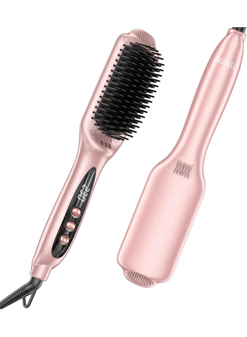 LANDOT Hair Straightener Brush Heated Straightening Brush: Rose Gold Negative Ion Hot Hair Brush for Smooth Frizz Free Hair - Ceramic Flat Iron Brush - Dual Voltage Fast Heating - Image 2