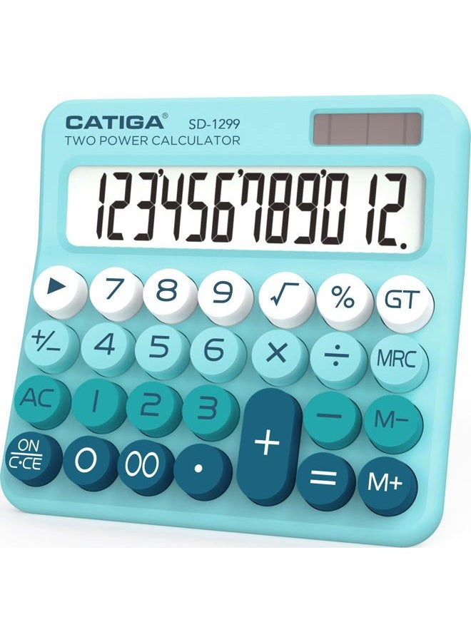 CATIGA Mechanical Switch Calculator with Solar and Battery Dual Power, 12-Digit Large LCD Display, Aesthetic and Cute Desktop Calculator with Big Button, for Home, School and Office Use, SD-1299 - Image 1