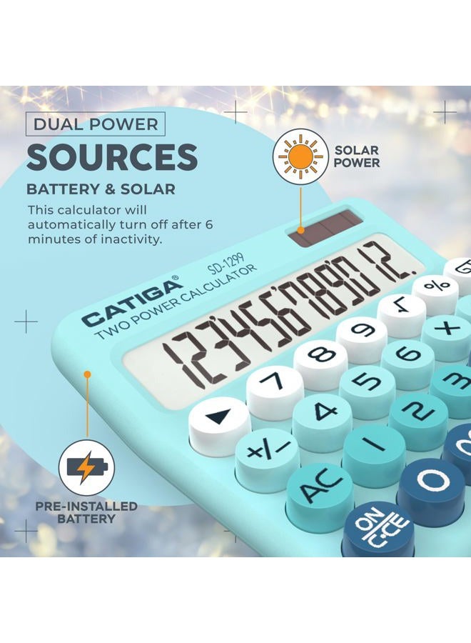 CATIGA Mechanical Switch Calculator with Solar and Battery Dual Power, 12-Digit Large LCD Display, Aesthetic and Cute Desktop Calculator with Big Button, for Home, School and Office Use, SD-1299 - Image 5