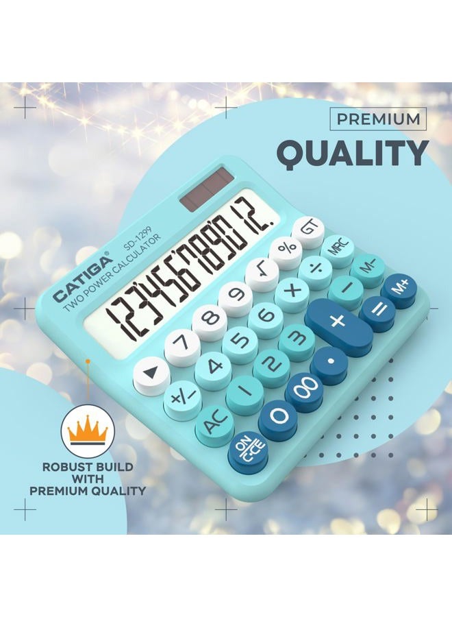 CATIGA Mechanical Switch Calculator with Solar and Battery Dual Power, 12-Digit Large LCD Display, Aesthetic and Cute Desktop Calculator with Big Button, for Home, School and Office Use, SD-1299 - Image 2