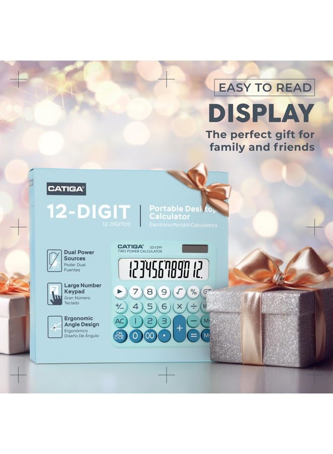 CATIGA Mechanical Switch Calculator with Solar and Battery Dual Power, 12-Digit Large LCD Display, Aesthetic and Cute Desktop Calculator with Big Button, for Home, School and Office Use, SD-1299 - Image 3