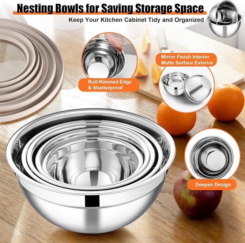 E-far Mixing Bowls Set of 5, Stainless Steel Salad Mixing Bowl with Clear Lid, Metal Nesting Bowl with 3 Grater Attachments for Kitchen Prepping/Serving/Baking/Storage, 4.6/2.6/1.5/1/0.7 QT - Khaki - Image 4