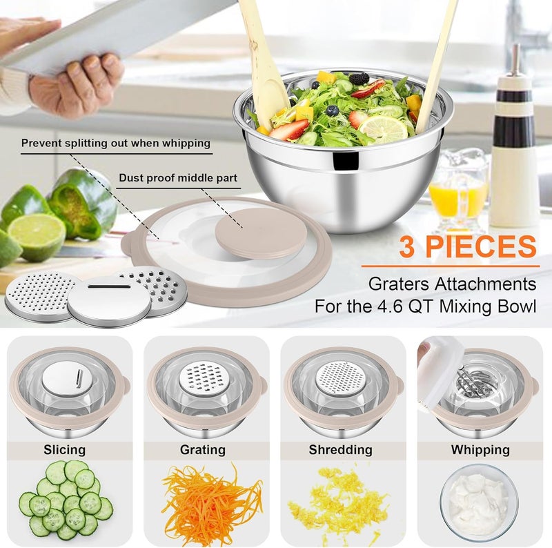 E-far Mixing Bowls Set of 5, Stainless Steel Salad Mixing Bowl with Clear Lid, Metal Nesting Bowl with 3 Grater Attachments for Kitchen Prepping/Serving/Baking/Storage, 4.6/2.6/1.5/1/0.7 QT - Khaki - Image 3