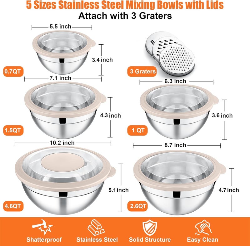 E-far Mixing Bowls Set of 5, Stainless Steel Salad Mixing Bowl with Clear Lid, Metal Nesting Bowl with 3 Grater Attachments for Kitchen Prepping/Serving/Baking/Storage, 4.6/2.6/1.5/1/0.7 QT - Khaki - Image 5
