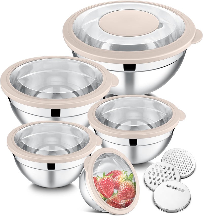 E-far Mixing Bowls Set of 5, Stainless Steel Salad Mixing Bowl with Clear Lid, Metal Nesting Bowl with 3 Grater Attachments for Kitchen Prepping/Serving/Baking/Storage, 4.6/2.6/1.5/1/0.7 QT - Khaki - Image 1
