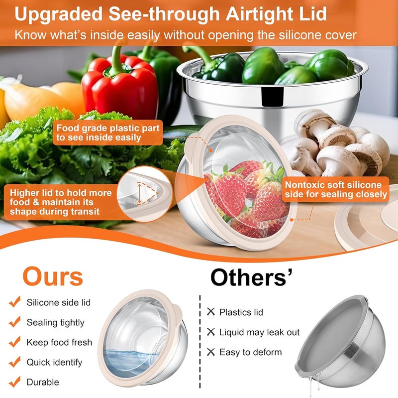 E-far Mixing Bowls Set of 5, Stainless Steel Salad Mixing Bowl with Clear Lid, Metal Nesting Bowl with 3 Grater Attachments for Kitchen Prepping/Serving/Baking/Storage, 4.6/2.6/1.5/1/0.7 QT - Khaki - Image 2