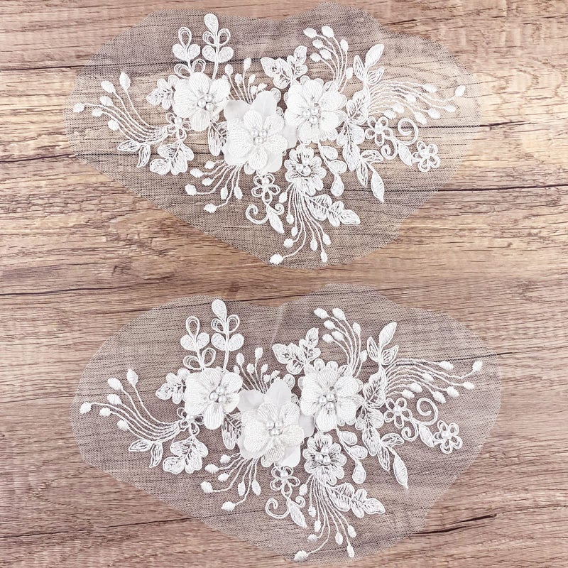2Pcs Pearl Flower Embroidery Lace Patches 3D White Floral Embroidered Sew on Appliques for Wedding Dress Gown Headpiece Clothing Accessories Home Decoration Craft DIY