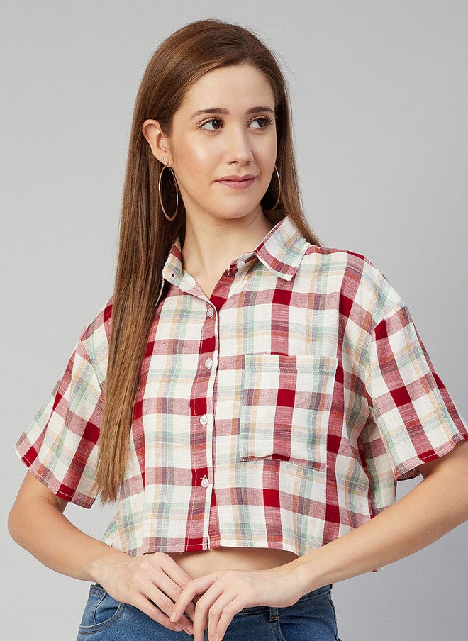 CHIMPAAANZEE Women Red Boxy Tartan Checks Checked Casual Shirt - Image 1