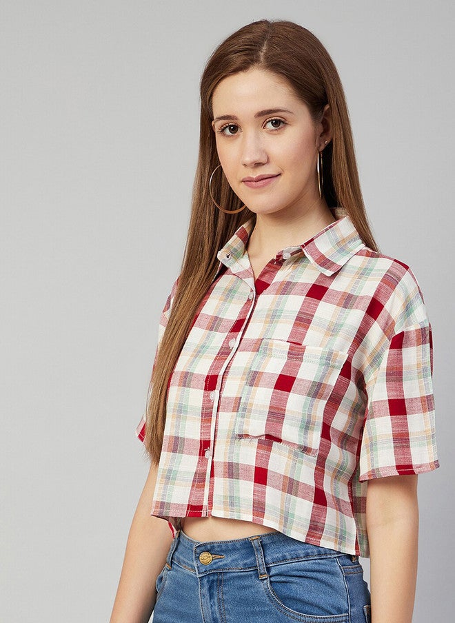 CHIMPAAANZEE Women Red Boxy Tartan Checks Checked Casual Shirt - Image 4