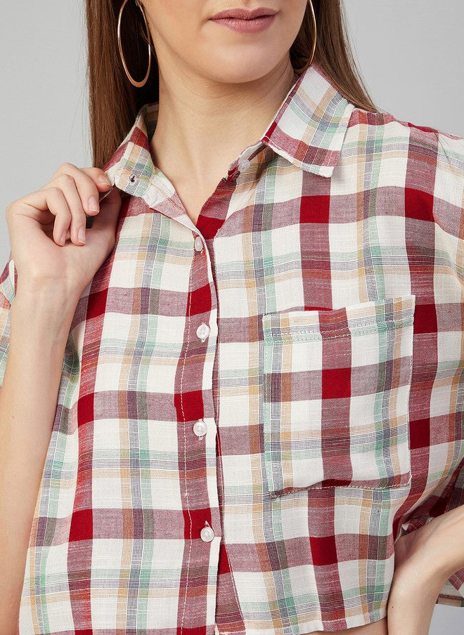 CHIMPAAANZEE Women Red Boxy Tartan Checks Checked Casual Shirt - Image 2