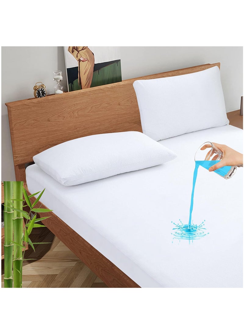 Fabienne Waterproof Mattress Protector Double 150x200cm Bamboo fiber Cotton Jersey+TPU Pad Cover for Pets Kids Adults Deep Pocket Style 100% Waterproof Mattress Protector Double Size White  - Image 1