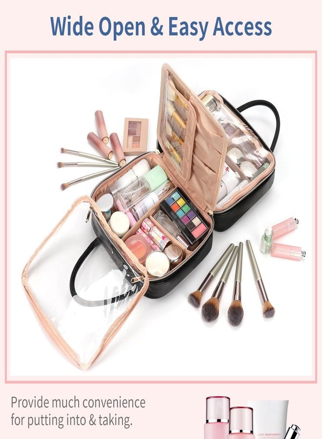 onemoky Travel Makeup Bag, Large Capacity Cosmetic Bag, Portable Make Up Bag Organizer for Women, Waterproof Cosmetic Travel Bag with Dividers and Brush Compartment for Cosmetics & Toiletries - Image 4