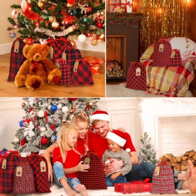 9 lace-up Christmas bags, Christmas toy bags, checkered storage bags, red and black, with Kraft Christmas gift tags, Christmas gifts, party gifts (3 sizes) - Image 4