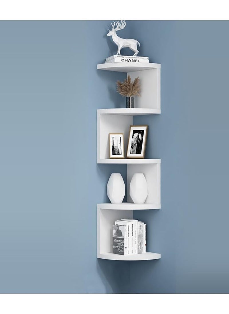 Rubik - Corner Shelf 5-Tier Floating Wall Shelf with Zigzag Design, Bookshelf Floating Corner Shelf (White) - Image 1