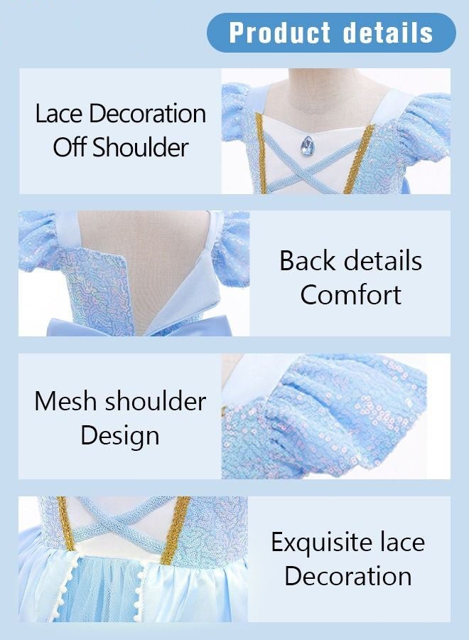 DURKU Princess Cinderella Costume Set for Girls, Elegant Skirt with Bow for Evening Party Performance, Size: 140 cm - Image 4