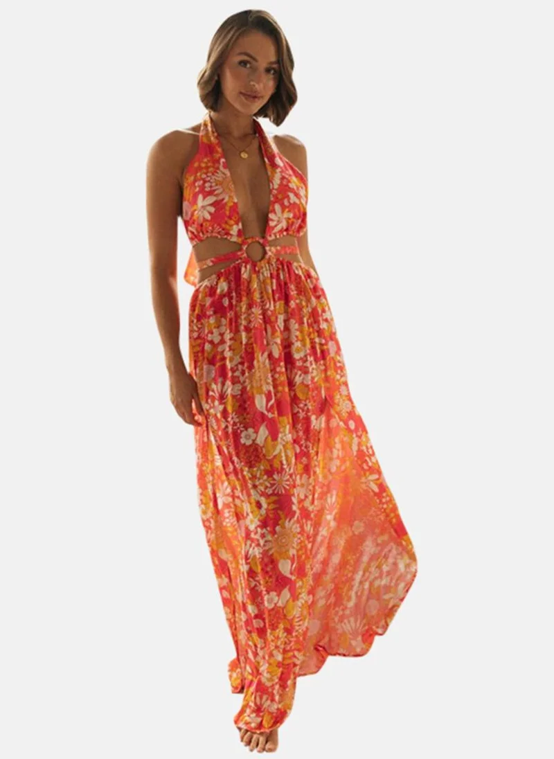 يونيكي Orange Halter Neck Floral Print Fit & Flared Dress