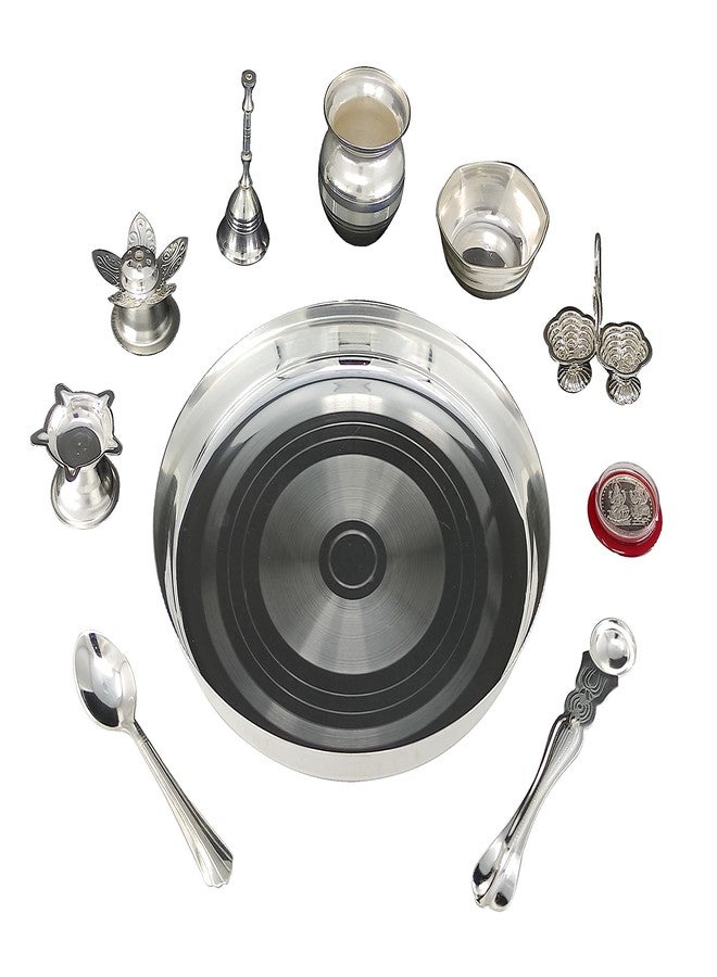 BENGALEN Silver Plated Puja thali Set 8 Inch with Pooja Plate Diya Kalash Bowl Ghanti Dhup Dan Palli Spoon Kumkum Stand Coin Thali for Diwali Home Mandir Office Wedding Return Gift Items - Image 3