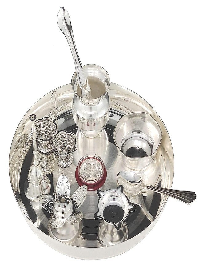 BENGALEN Silver Plated Puja thali Set 8 Inch with Pooja Plate Diya Kalash Bowl Ghanti Dhup Dan Palli Spoon Kumkum Stand Coin Thali for Diwali Home Mandir Office Wedding Return Gift Items - Image 4