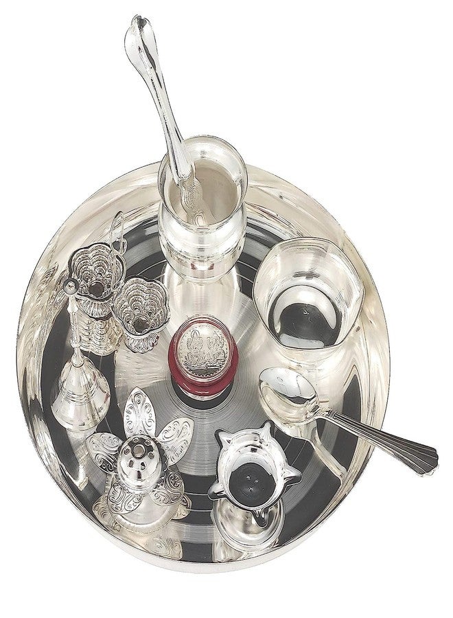 BENGALEN Silver Plated Puja thali Set 8 Inch with Pooja Plate Diya Kalash Bowl Ghanti Dhup Dan Palli Spoon Kumkum Stand Coin Thali for Diwali Home Mandir Office Wedding Return Gift Items - Image 1