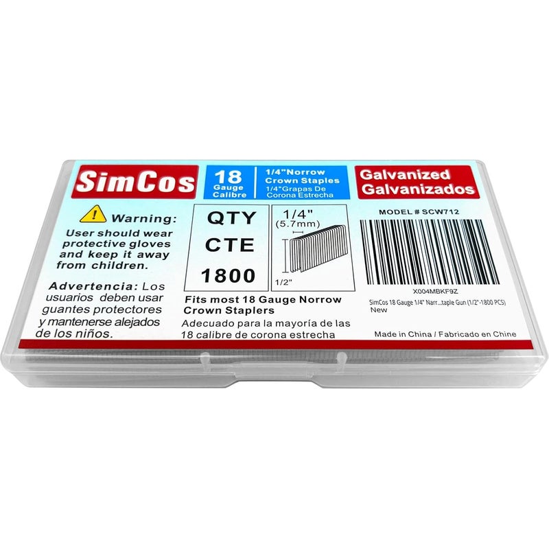 SimCos 18 Gauge 1/4" Narrow Crown Staples, Galvanized Upholstery Staples for 18 GA Pneumatic or Electric Stapler or Staple Gun (1/2"-1800 PCS) - Image 1