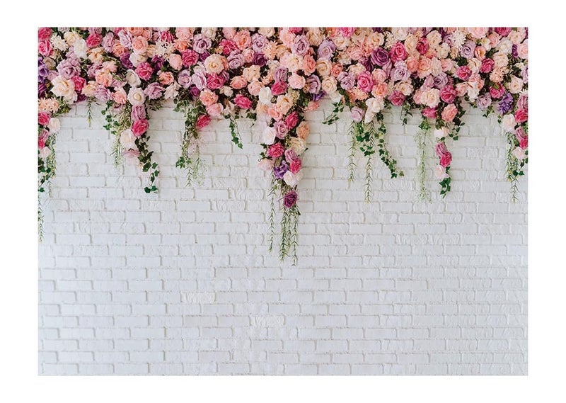 LTLYH 7x5ft White Brick Wall Floral Backdrop with Hanging Flowers – Spring Garden Photo Backdrop for Bridal Shower, Baby Shower, Birthday Party, Wedding Photography Decoration - Image 1
