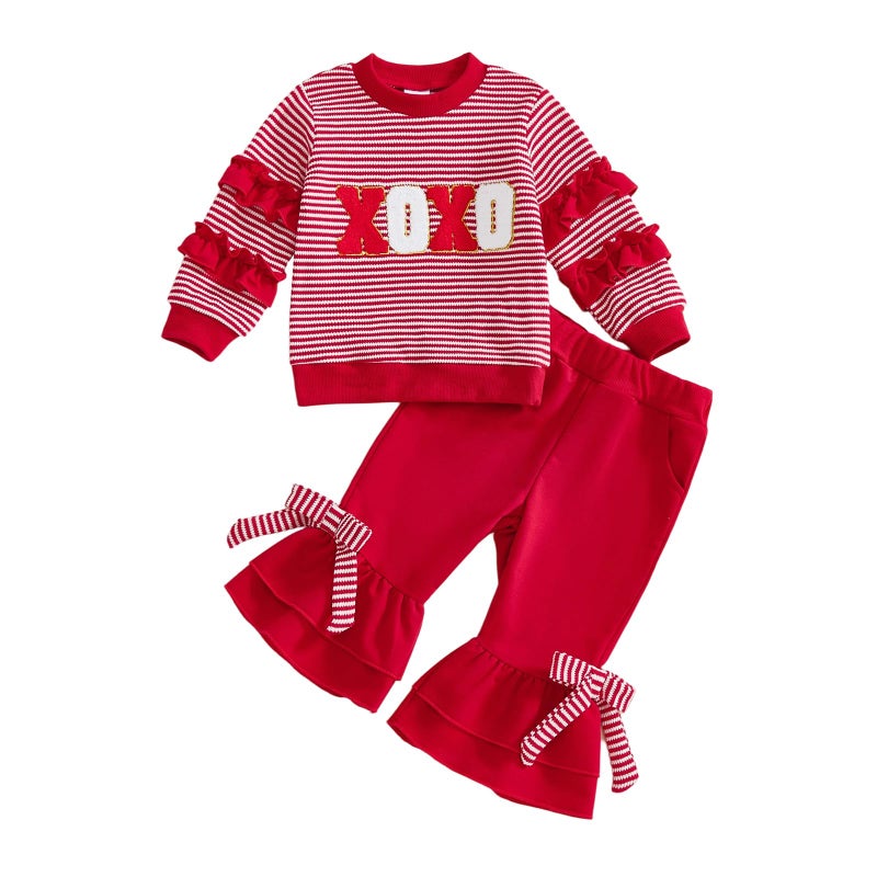 Mieeyali Toddler Girls Valentines Day Outfit Shirt Be Mine Heart Sweatshirt Gingham Bell Bottoms Top Flared Pants Set (Red Xoxo, 18-24 Months) - Image 1