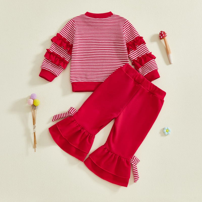 Mieeyali Toddler Girls Valentines Day Outfit Shirt Be Mine Heart Sweatshirt Gingham Bell Bottoms Top Flared Pants Set (Red Xoxo, 18-24 Months) - Image 5