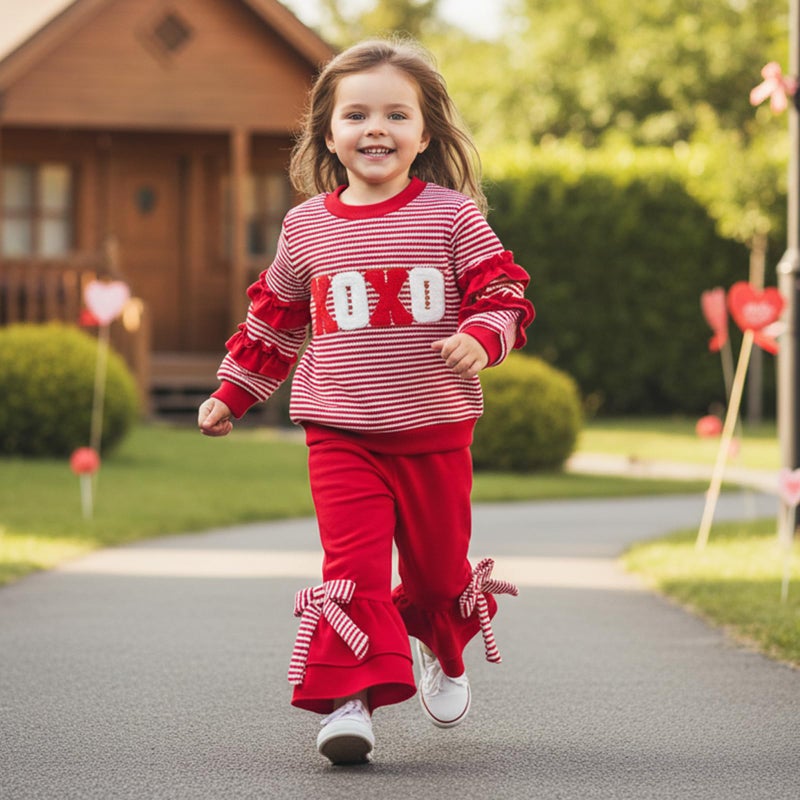 Mieeyali Toddler Girls Valentines Day Outfit Shirt Be Mine Heart Sweatshirt Gingham Bell Bottoms Top Flared Pants Set (Red Xoxo, 18-24 Months) - Image 2