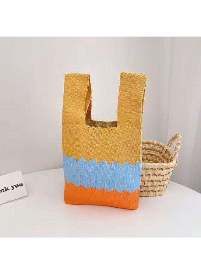 Knitted Bag Handbag Bucket Bag Tote Bag Woven Bag Women's Bag Women's Bag Vest Bag Simple Hand Gift-Color:Three Waves-Yellow  - Image 1