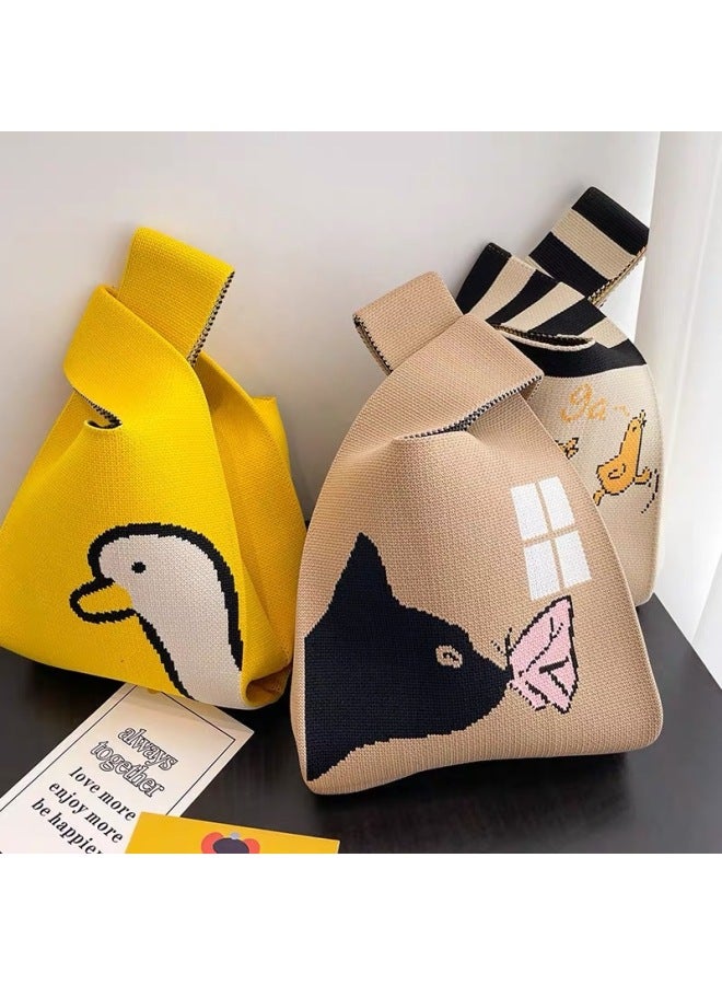 Knitted Bag Handbag Bucket Bag Tote Bag Woven Bag Women's Bag Women's Bag Vest Bag Simple Hand Gift-Color:Three Waves-Yellow  - Image 3