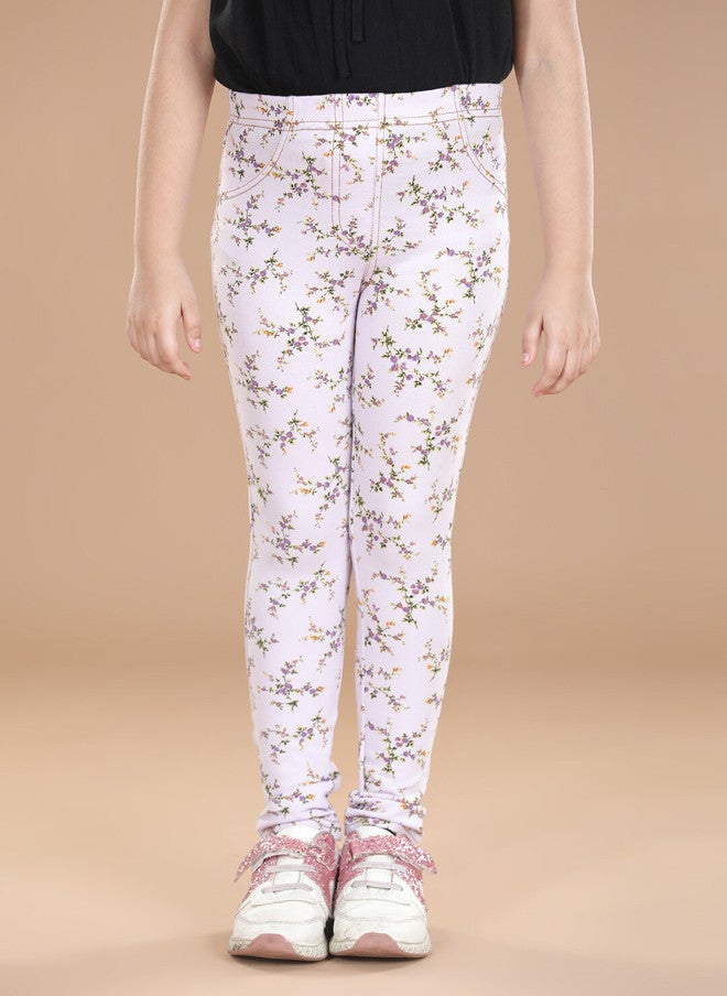 StyleStone Girls White Printed Cotton Jeggings with Elasticated Waistband - Image 1