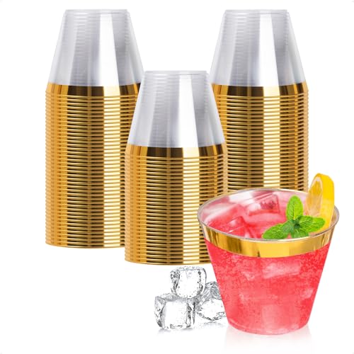 Goodluck 100PCS 9oz Gold Plastic Cups for Party, Disposable Gold Rim Cups, Plastic Cocktail Glasses for Wedding Thanksgiving, Christmas, and Parties - Image 1