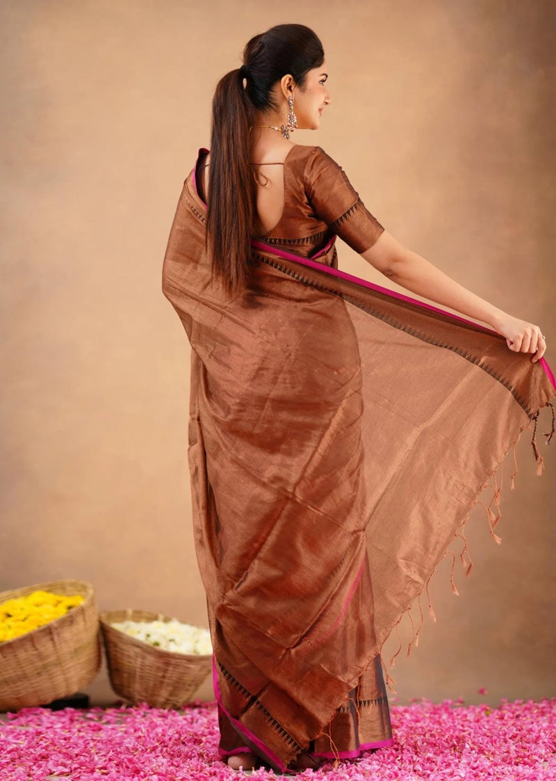 TRENDMALLS Women's Tissue Cotton Handloom Saree with Unstitched Blouse Piece (K1142-Brown-) - Image 2
