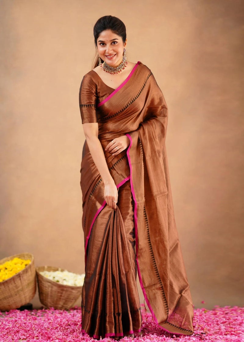 TRENDMALLS Women's Tissue Cotton Handloom Saree with Unstitched Blouse Piece (K1142-Brown-) - Image 3