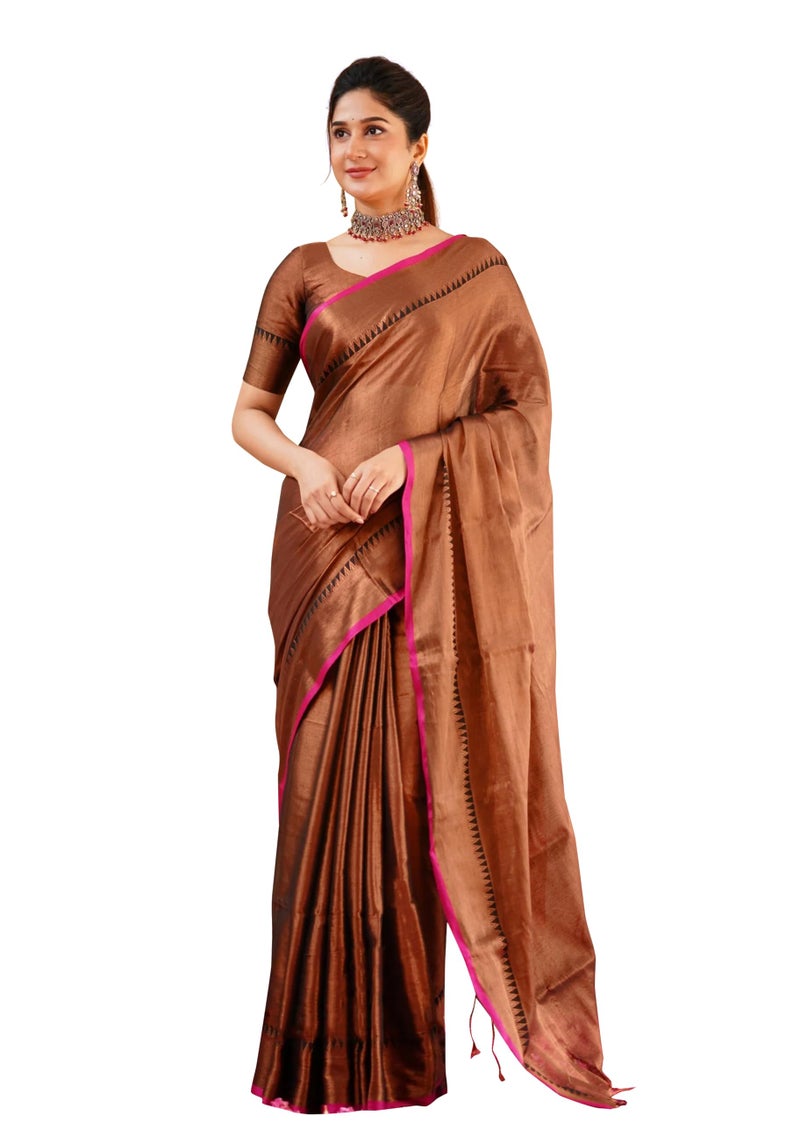 TRENDMALLS Women's Tissue Cotton Handloom Saree with Unstitched Blouse Piece (K1142-Brown-) - Image 1