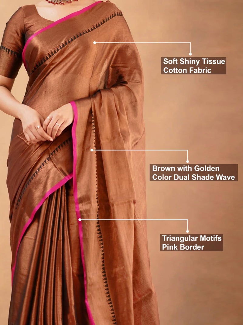 TRENDMALLS Women's Tissue Cotton Handloom Saree with Unstitched Blouse Piece (K1142-Brown-) - Image 4