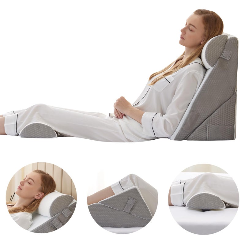 Bedluxe Adjustable 4pcs Bed Wedge Pillow Set, Memory Foam Wedge Pillows Post Surgery for Back, Neck, Leg Pain Relief, Pillow Wedge for Sleeping, Sitting up in Bed, Acid Reflux and GERD, White/Grey - Image 2