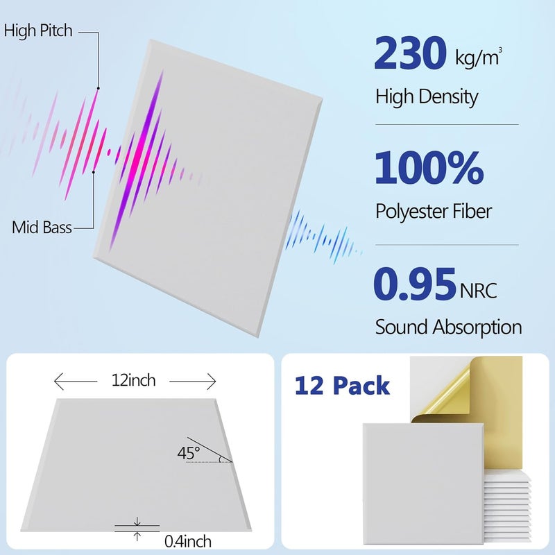 B Bubos 12 pack Acoustic Panels With Self-Adhesive, 12"X 12"X 0.4"Sound Proof Foam Panels, High Density Sound Panels, Soundproof Wall Panels for Home Studio Office-White - Image 2