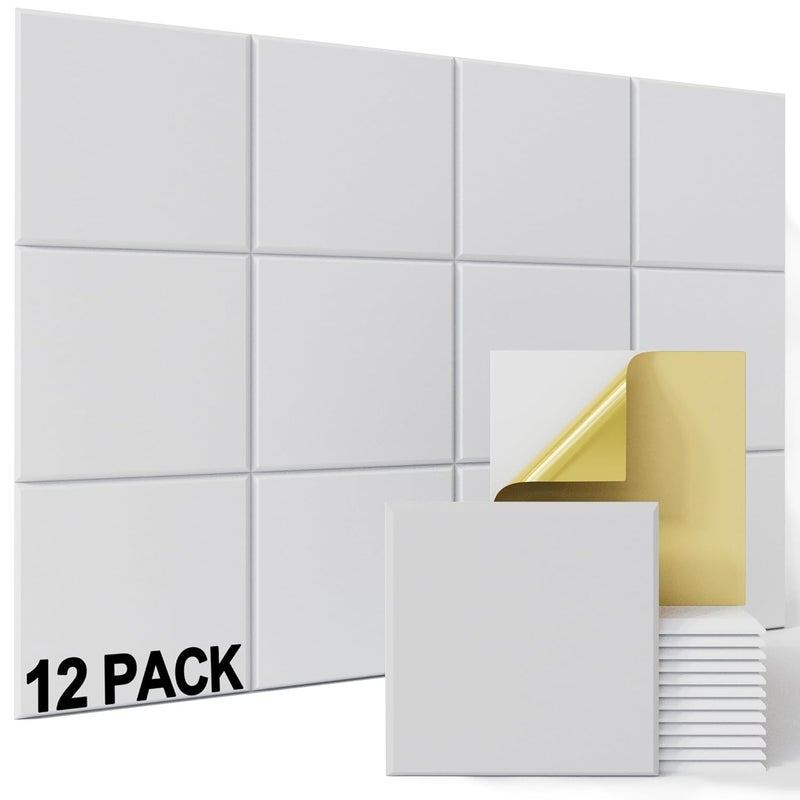 B Bubos 12 pack Acoustic Panels With Self-Adhesive, 12"X 12"X 0.4"Sound Proof Foam Panels, High Density Sound Panels, Soundproof Wall Panels for Home Studio Office-White - Image 1