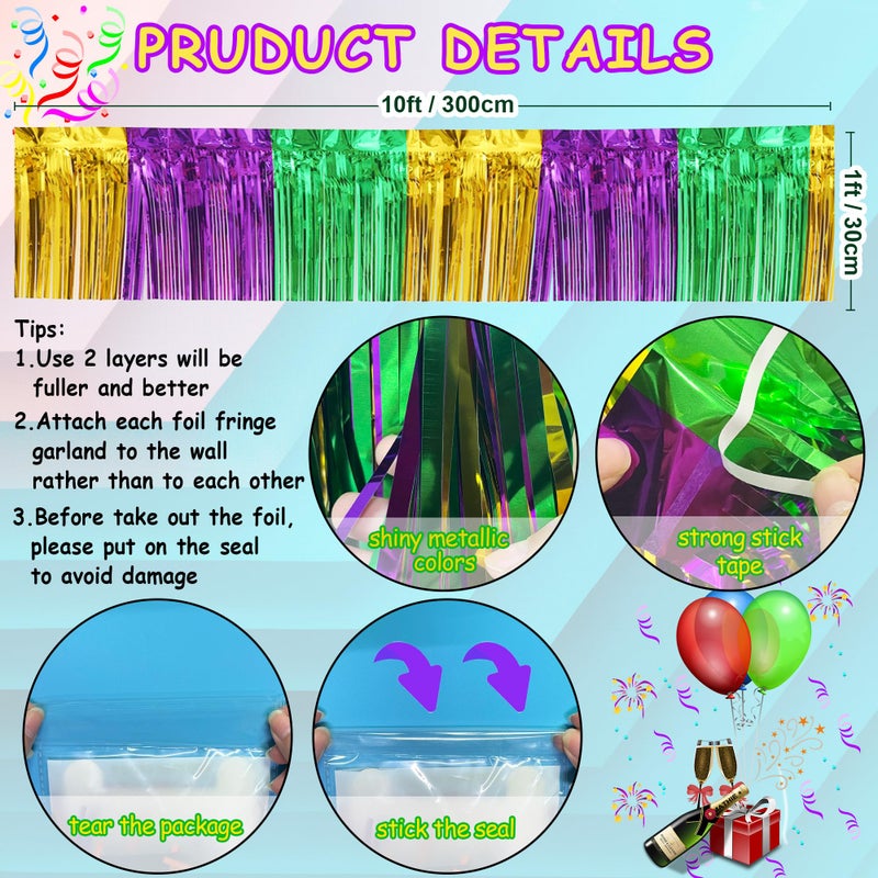 TFengfly 4 Packs Total 39 Ft Mardi Gras Parade Floats for Trailer Car, Green Gold Purple Foil Fringe Garland Tinsel Streamers Banner Table Skirts for Halloween Graduation Homecoming Birthday Party Decor - Image 2
