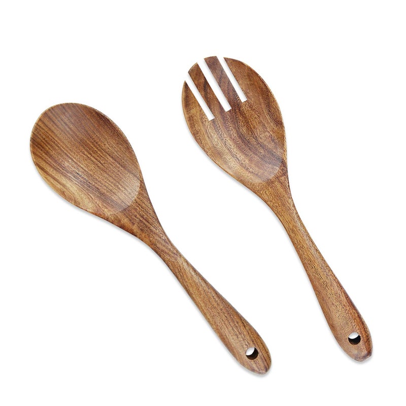 AOOSY 2 Pieces Wooden Salad Servers102 inches Wood Serving Spoons Set Salad Mixing Dinner Fork and Spoon Long Handle Salad Tongs Kitchen Cooking Utensil Cutlery Set