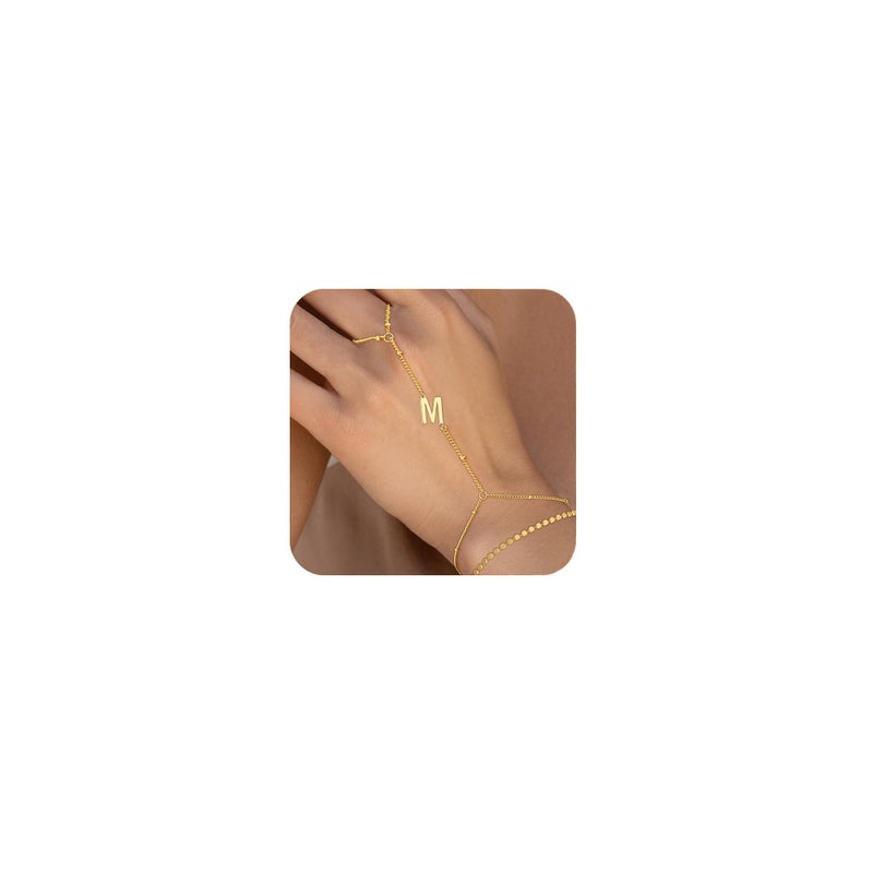 Ascona Valentines Day Gifts for Her Initial Hand Chain Bracelet for Women-14K Gold Plated Ring Bracelet Hand Chain for Women Trendy,Dainty Letter A-Z Link Charm Stack Bracelets Set Jewelry Gifts - Image 1