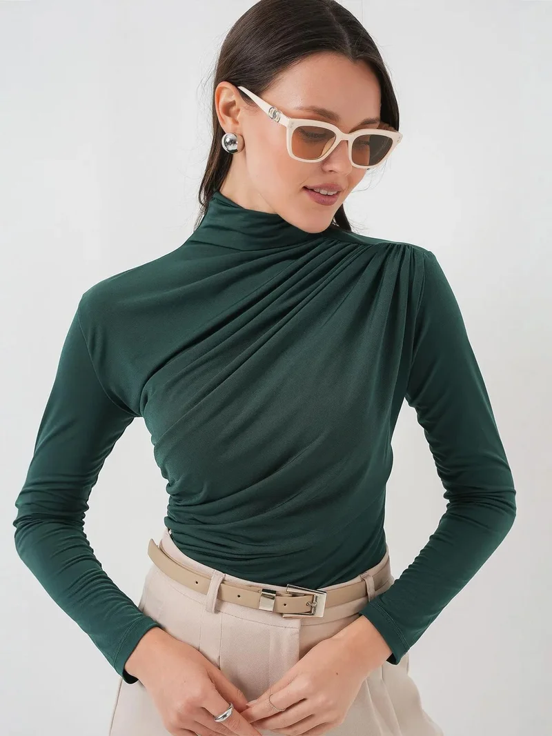 Big Dart Emerald Green BDART Fitted Turtleneck Blouse with Drape Detail for Women | Best Price UAE